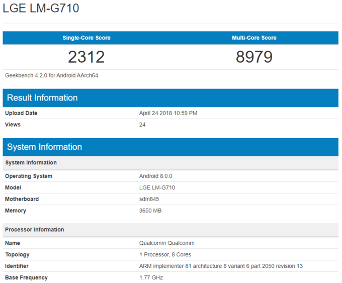 手机酷狗，LG G7 ThinQ 亮相 Geekbench 高通 845+4GB 内存
