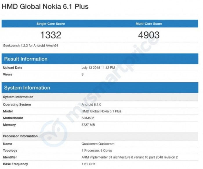 手机微信是什么，诺基亚 Nokia 6.1 Plus 现身 Geekbench：本月 19 日上岸全球市场