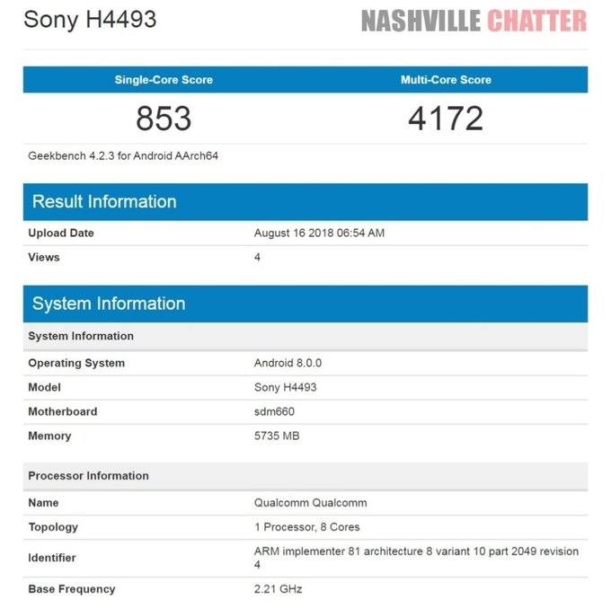 最新手机，索尼 Xperia XA3（Sony H4493）亮相基准测试