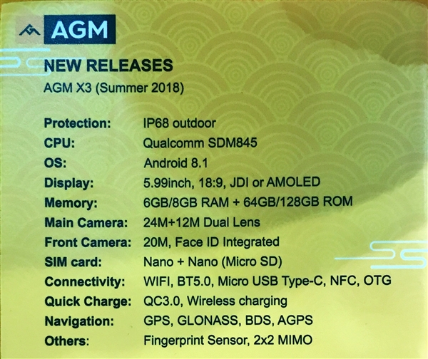 周杰伦手机铃声，国产首款骁龙 845+IP68 周全屏手机 AGM X3 公布：8G 内存