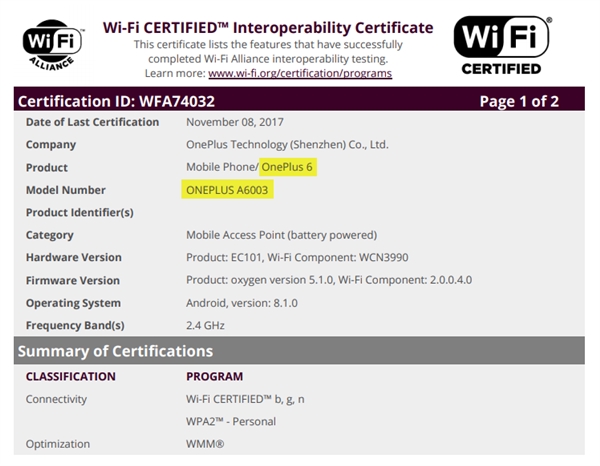 朴荷的手机铃声，一加 6 通过 Wi-Fi 同盟认证：预装 Android 8.1 系统