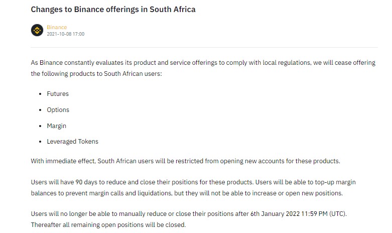 币安宣布终止南非期货衍生品交易 上月曾回击当地金管局警告