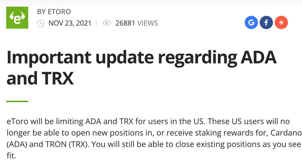 eToro宣布美国市场将下架ADA、TRX：出于监管环境考量