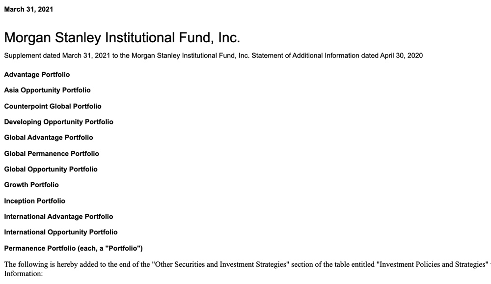 摩根士丹利SEC文件：旗下12档基金可能投资灰度GBTC跟比特币期货