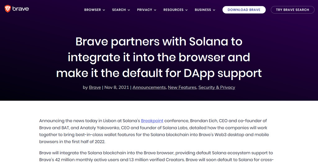 Brave浏览器整合Solana！SBF : 社群媒体是Solana的大机会