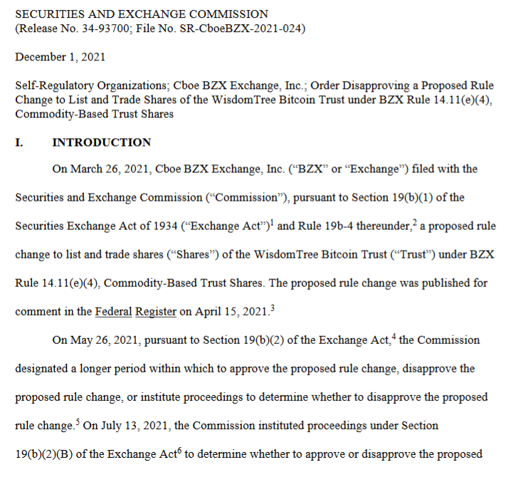 SEC驳回Wisdom Tree比特币现货ETF申请：无法自证防诈欺与操纵