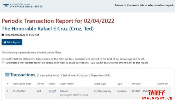 美国参议员Ted Cruz「逢低进场」买入比特币