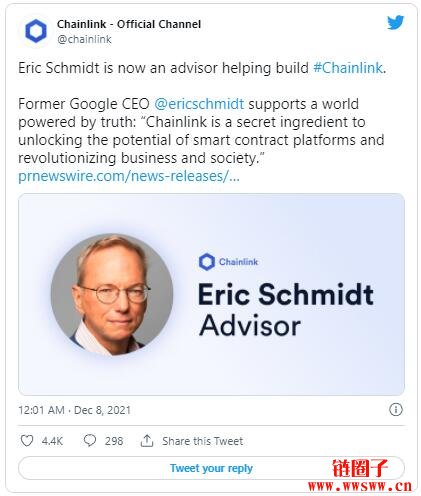 Chainlink宣布前谷歌执行长Eric Schmidt成战略顾问，LINK反弹近三成