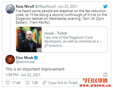 狗狗币开发者预告实现降低手续费，马斯克：重大更新